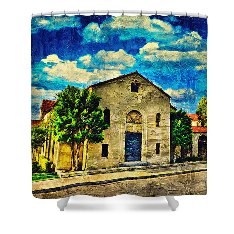 First Baptist Church Shower Curtain featuring the digital art First Baptist Church in Bakersfield, California - impasto oil painting by Nicko Prints