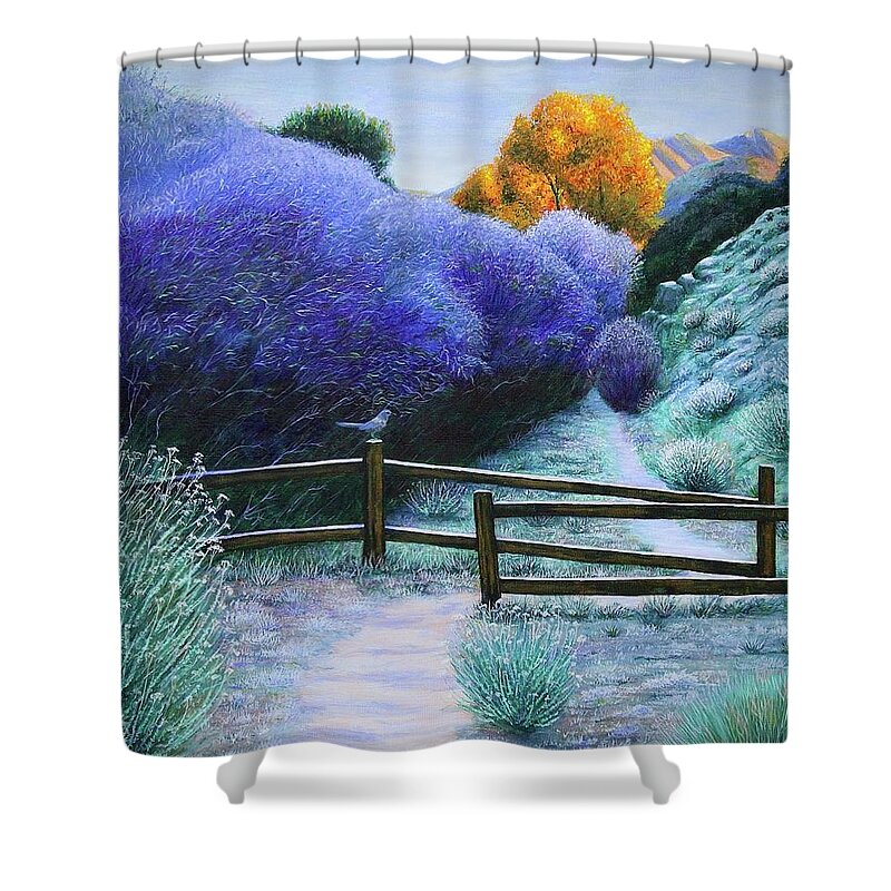 Kim Mcclinton Shower Curtain featuring the painting First Frost on the Mesquite Trail by Kim McClinton