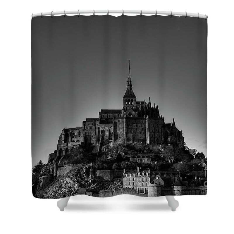 Mont Saint Michel Shower Curtain featuring the photograph First Impressions Mont Saint Michel Normandy France BW by Wayne Moran