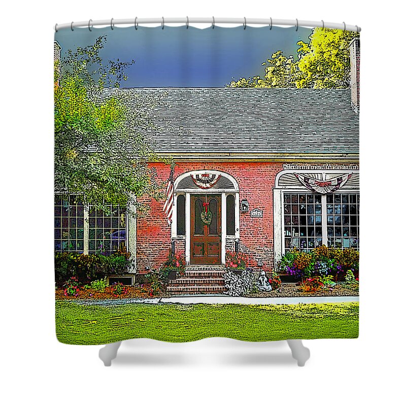 Woodstock Vermont Shower Curtain featuring the digital art First Impressions Salon Two by Nancy Griswold