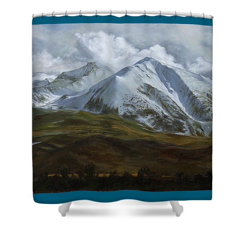 First Snow Shower Curtain featuring the painting First Snow, Sopris Mountain by Hone Williams