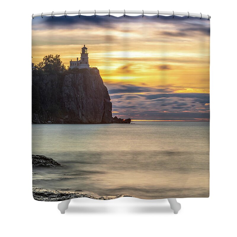 Split Rock Shower Curtain featuring the photograph First Sun Rays at Split Rock Lighthouse by Sebastian Musial