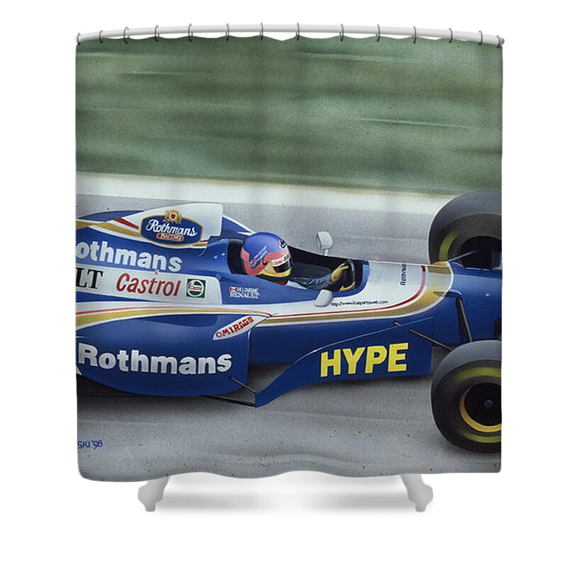 Formula One Shower Curtain featuring the painting First Time Champion by Norb Lisinski