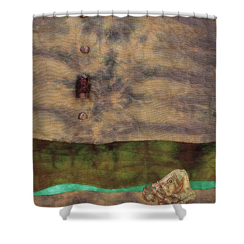 Fiber Art Shower Curtain featuring the mixed media Fish and Game 2 by Vivian Aumond