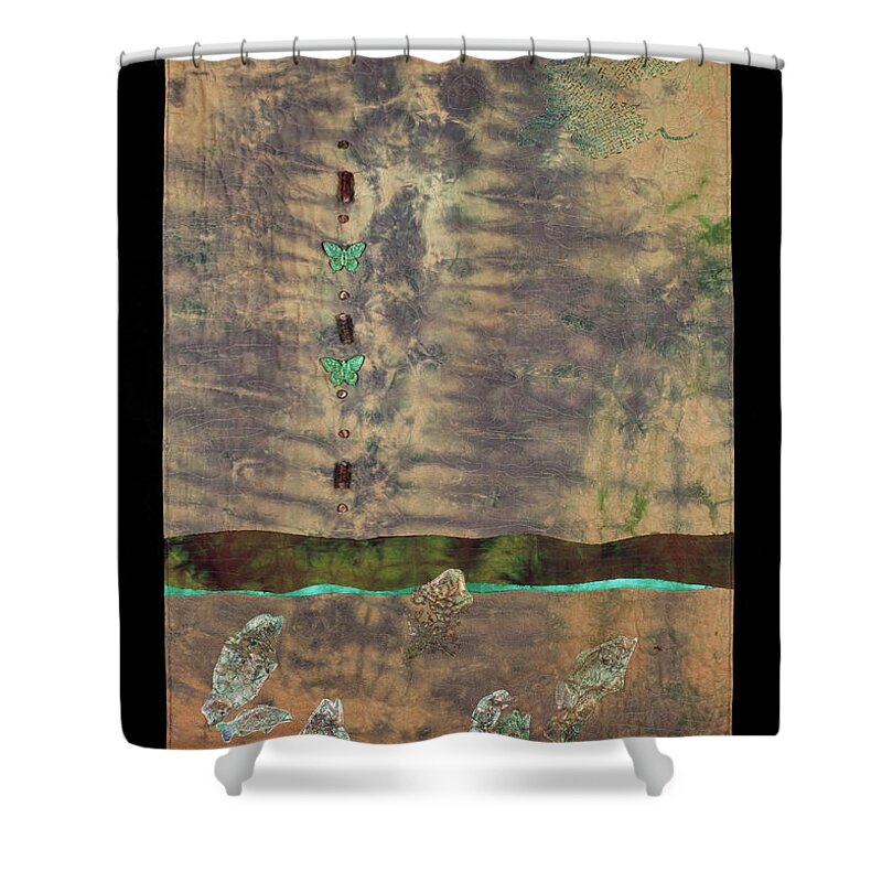 Fiber Art Shower Curtain featuring the mixed media Fish and Game by Vivian Aumond