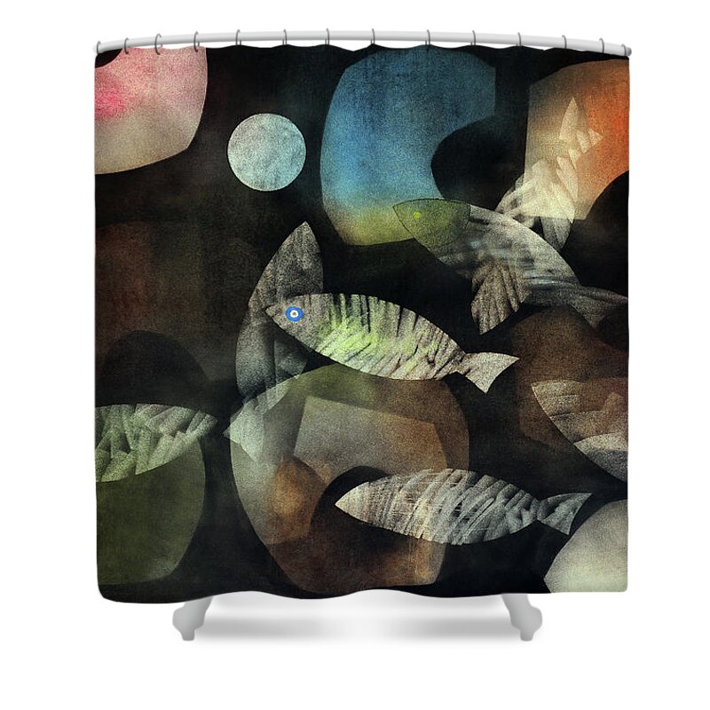 Abstract Shower Curtain featuring the painting Fish Moon by Winston Saoli 1950-1995