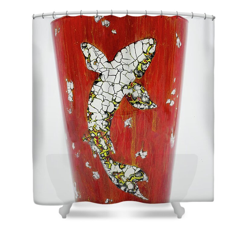 Fish Shower Curtain featuring the glass art Fish on Red Vase by Christopher Schranck