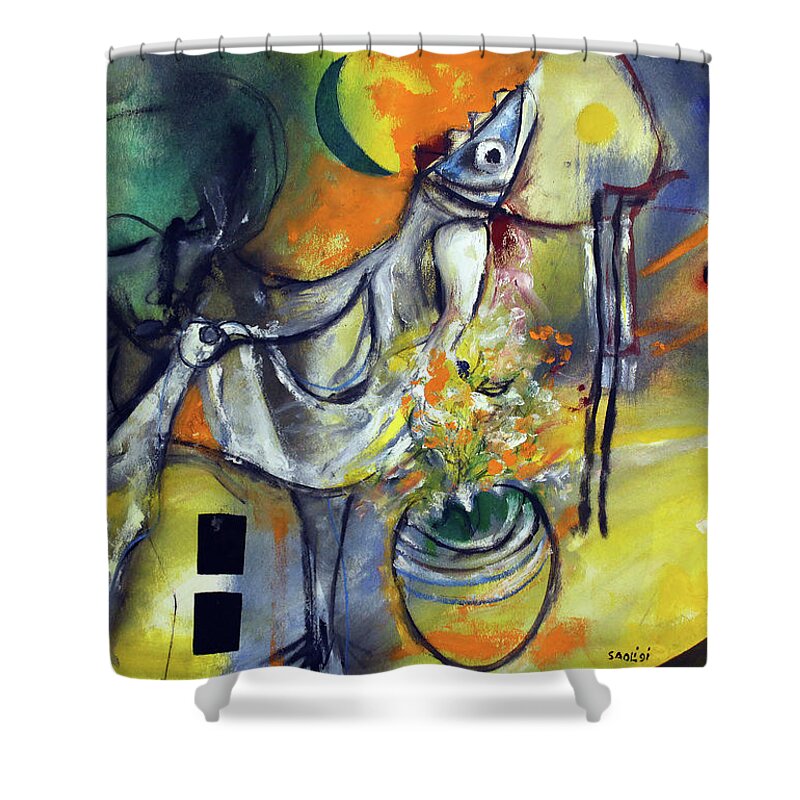 African Art Shower Curtain featuring the painting Fishbirdman I am by Winston Saoli 1950-1995
