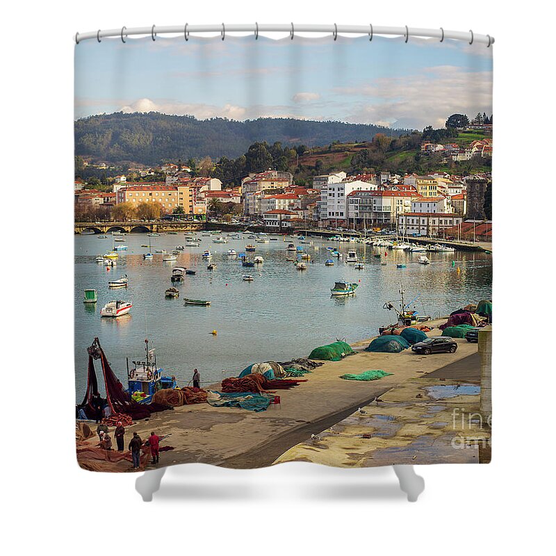 Cityscape Shower Curtain featuring the photograph Fishermen Repairing Nets on the Beautiful Fishing Town of Pontedeume La Coruna Galicia by Pablo Avanzini
