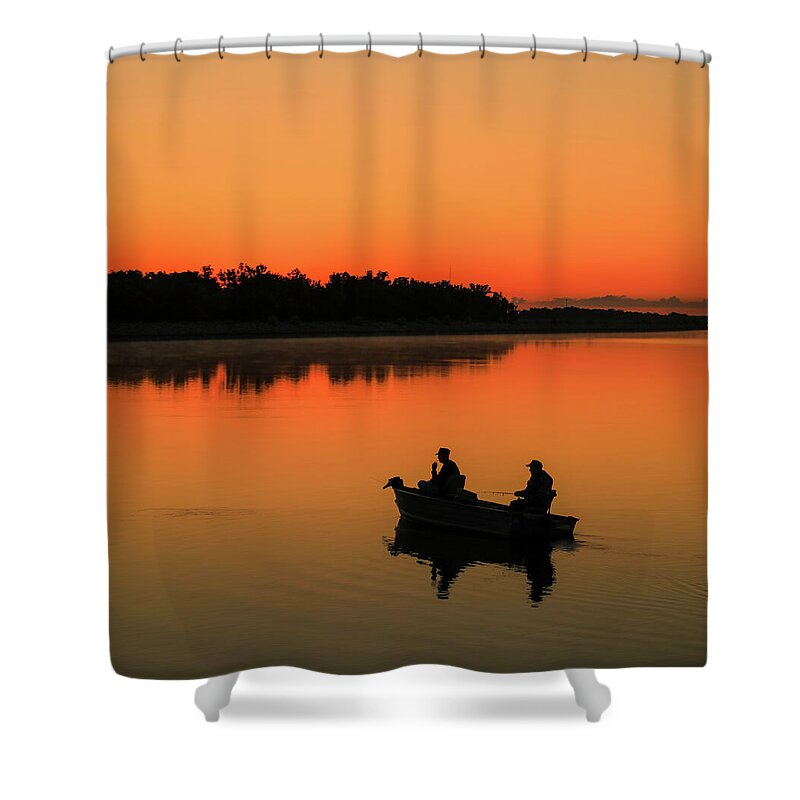 Fishermen Silhouetted At Sunrise Shower Curtain featuring the photograph Fishermen Silhouetted At Sunrise by Dan Sproul