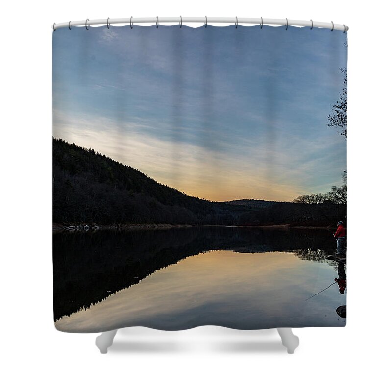 Lake Shower Curtain featuring the photograph Fishing at Sunset by Amelia Pearn