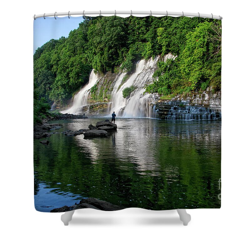 Rock Island State Park. Twin Falls Shower Curtain featuring the photograph Fishing At Twin Falls by Phil Perkins