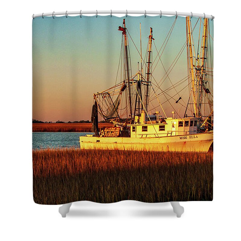 Boat Shower Curtain featuring the photograph Fishing Boat at Sunrise by Louis Dallara