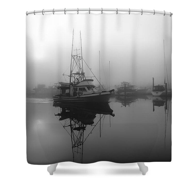Fog Shower Curtain featuring the photograph Fishing Boat in Morning Fog by Jerry Abbott