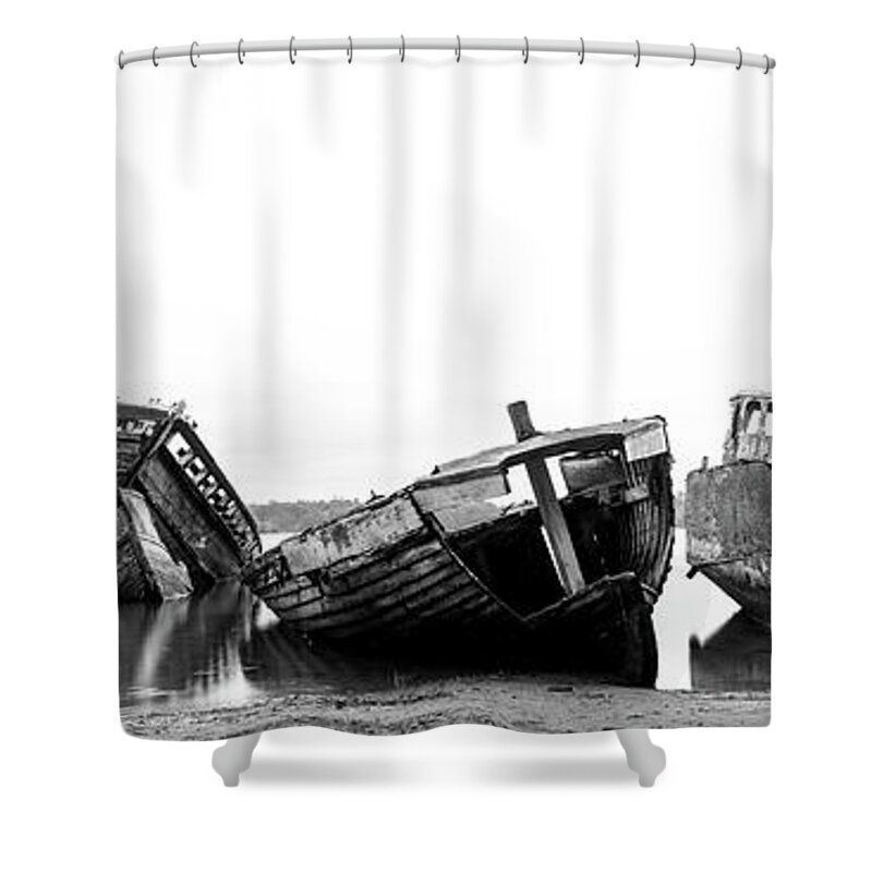 Panorama Shower Curtain featuring the photograph Fishing Boats Shipwrecks Black and white by Sonny Ryse