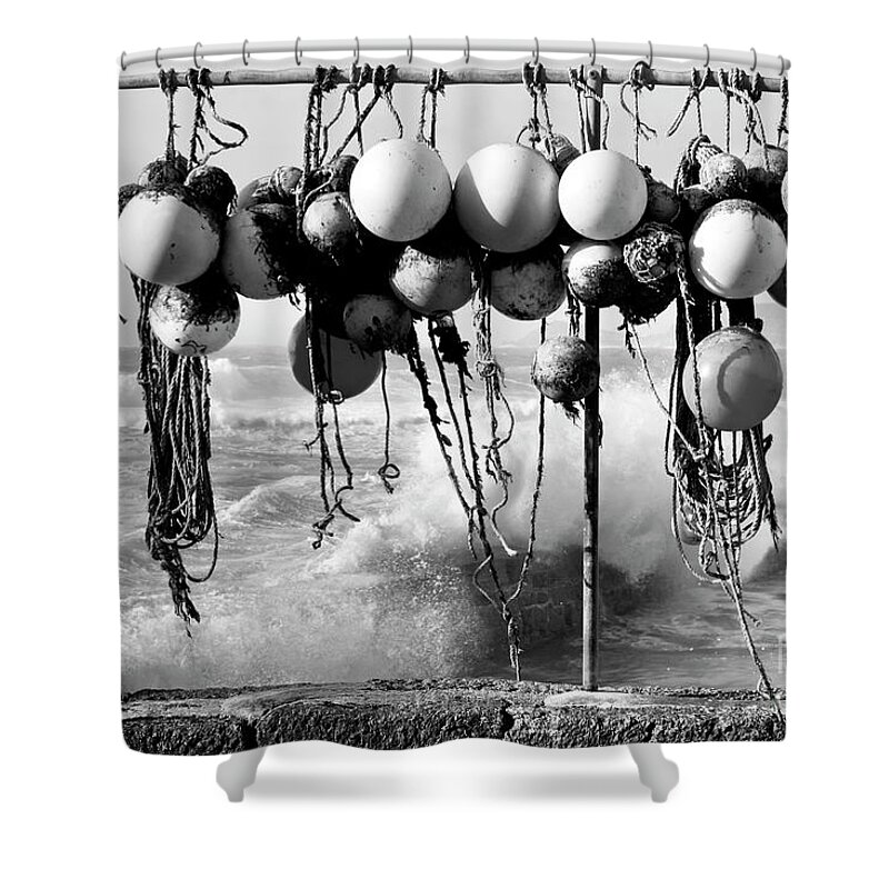 Cornwall Shower Curtain featuring the photograph Fishing Buoys in Black and White by Terri Waters