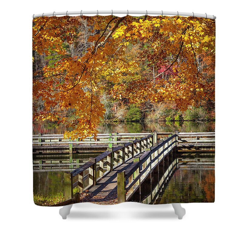 Carolina Shower Curtain featuring the photograph Fishing Dock under the Maple Trees by Debra and Dave Vanderlaan