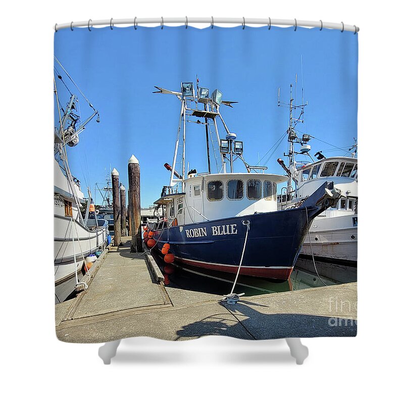 Fishing Vessel Robin Blue Moored By Norma Appleton Shower Curtain featuring the photograph Fishing Vessel Robin Blue Moored by Norma Appleton