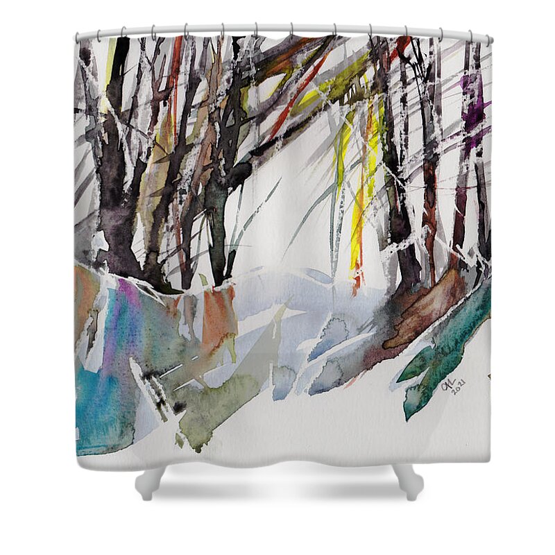 Woods Shower Curtain featuring the painting Fiskerton Road Wood by Ann Leech