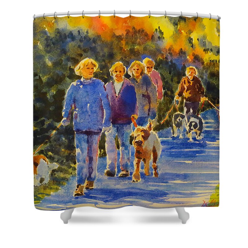 Fall Shower Curtain featuring the painting Five Dog Walkers by David Gilmore