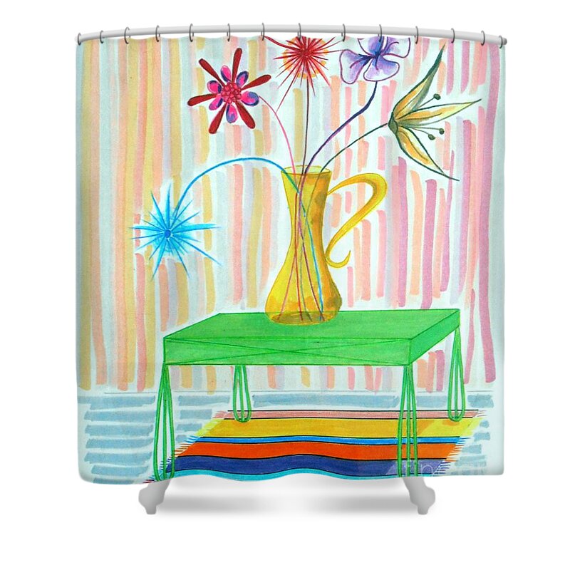 Art Deco Shower Curtain featuring the drawing Five Flowers by Jayne Somogy