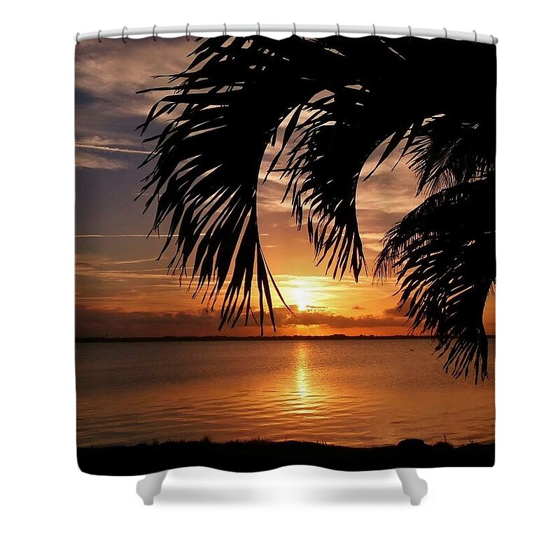 Sunset Clouds River Palm Trees Shower Curtain featuring the photograph FL Sunset by Elaine Franklin