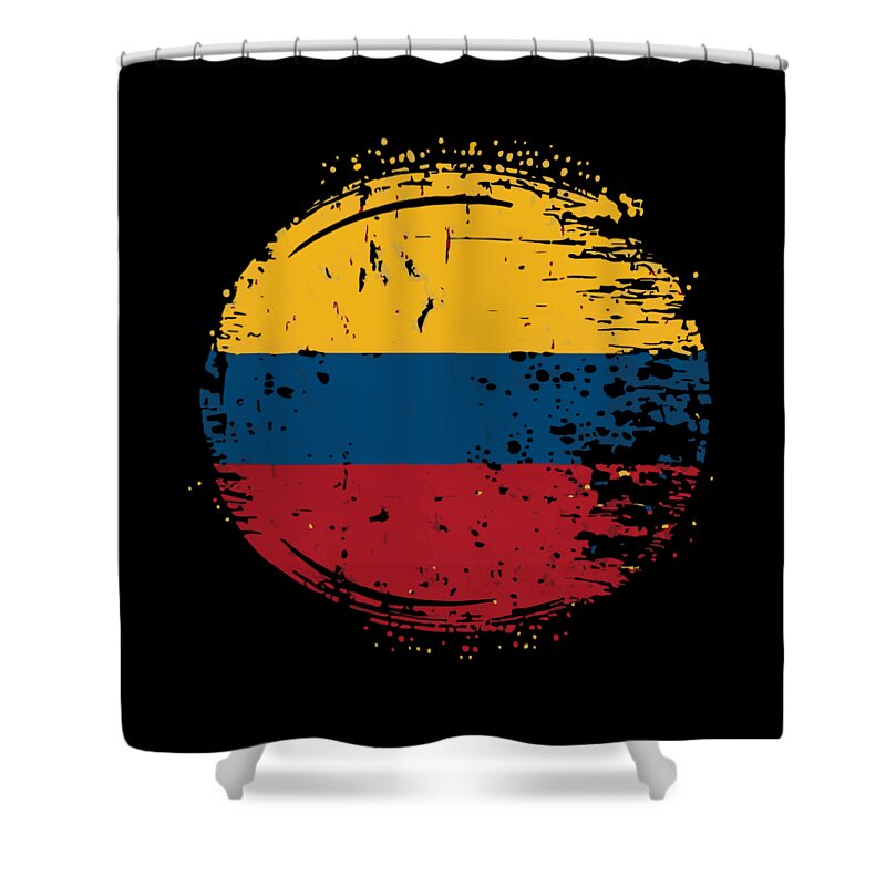 Colombian Heritage Shower Curtain featuring the digital art Flag of Colombia Distressed by Flippin Sweet Gear