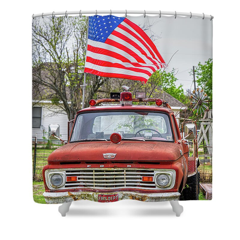 Emergency Shower Curtain featuring the photograph Flag on Firetruck by Paul Freidlund