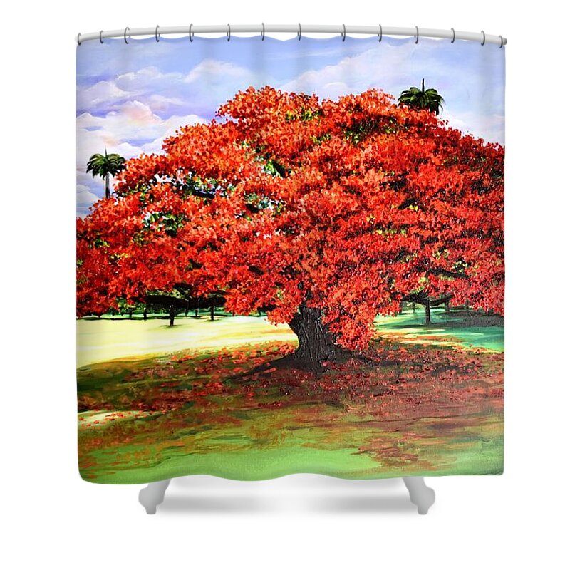 Flamboyant Tree Shower Curtain featuring the painting Flamboyant Ablaze by Karin Dawn Kelshall- Best