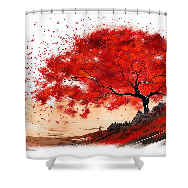 Gray And Red Art Shower Curtain featuring the painting Flaming Leaves by Lourry Legarde