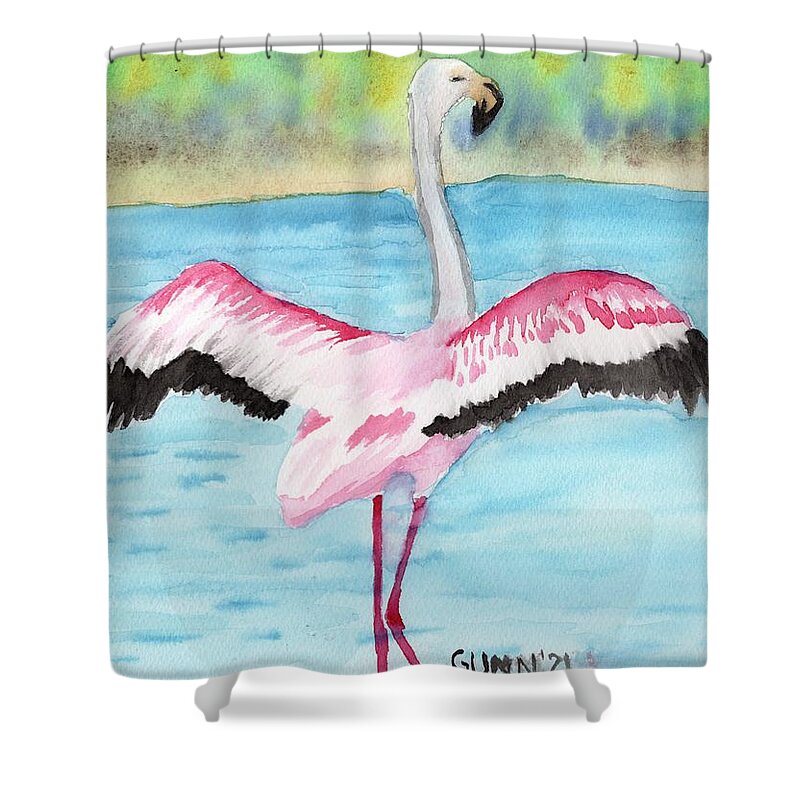 Flamingo Shower Curtain featuring the painting Flapping Flamingo by Katrina Gunn