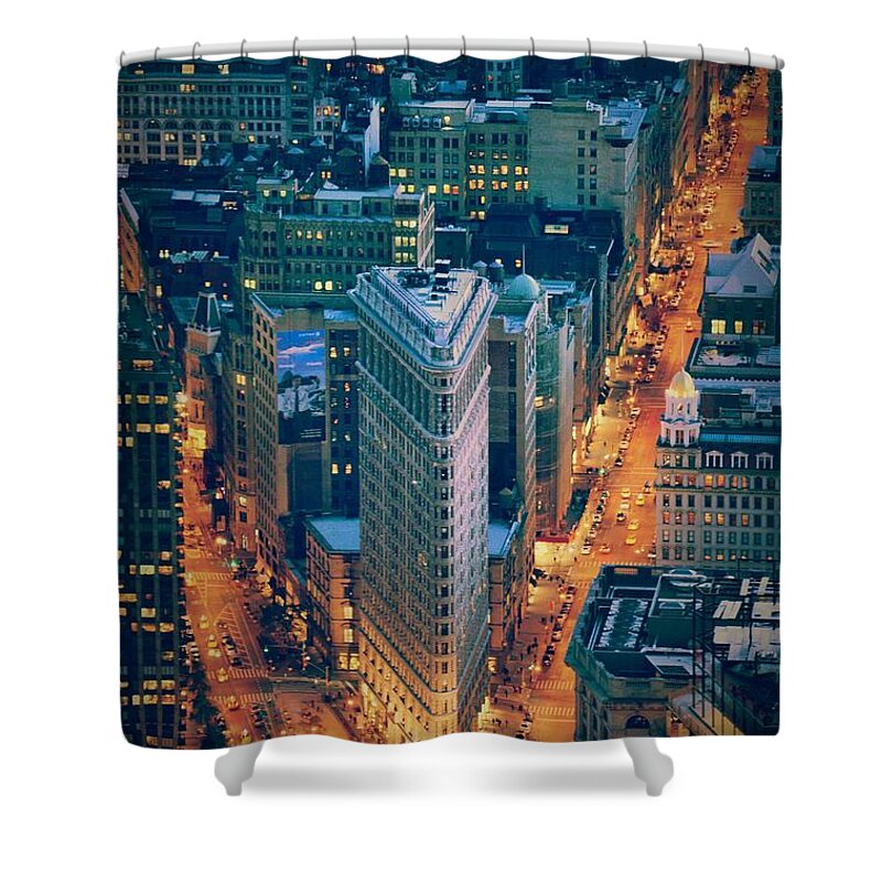 Manhattan Shower Curtain featuring the photograph Flatiron Building at Night - New York City - Manhattan by Marianna Mills