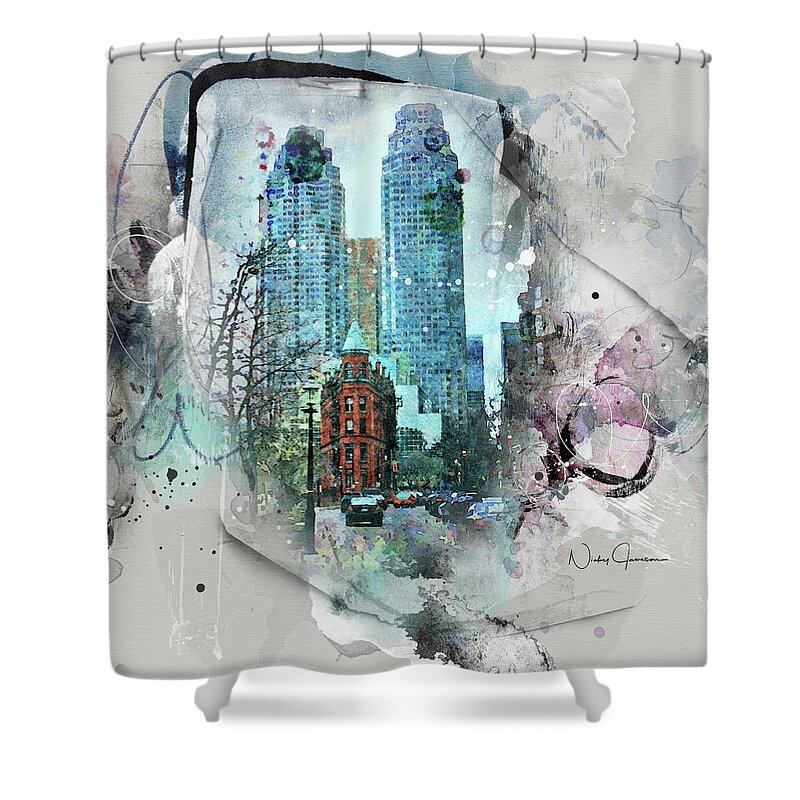 Toronto Shower Curtain featuring the digital art Flatiron Church and Wellington by Nicky Jameson