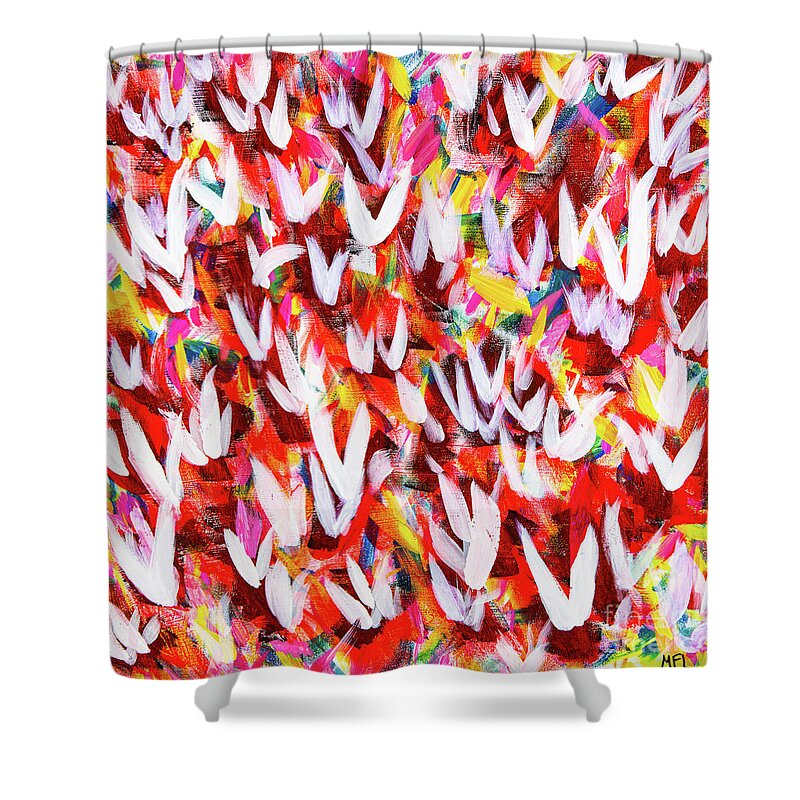 Abstract Shower Curtain featuring the digital art Flight Of The White Doves - Colorful Abstract Contemporary Acrylic Painting by Sambel Pedes