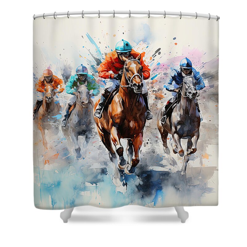 Horse Racing Shower Curtain featuring the painting Flight to Victory by Lourry Legarde