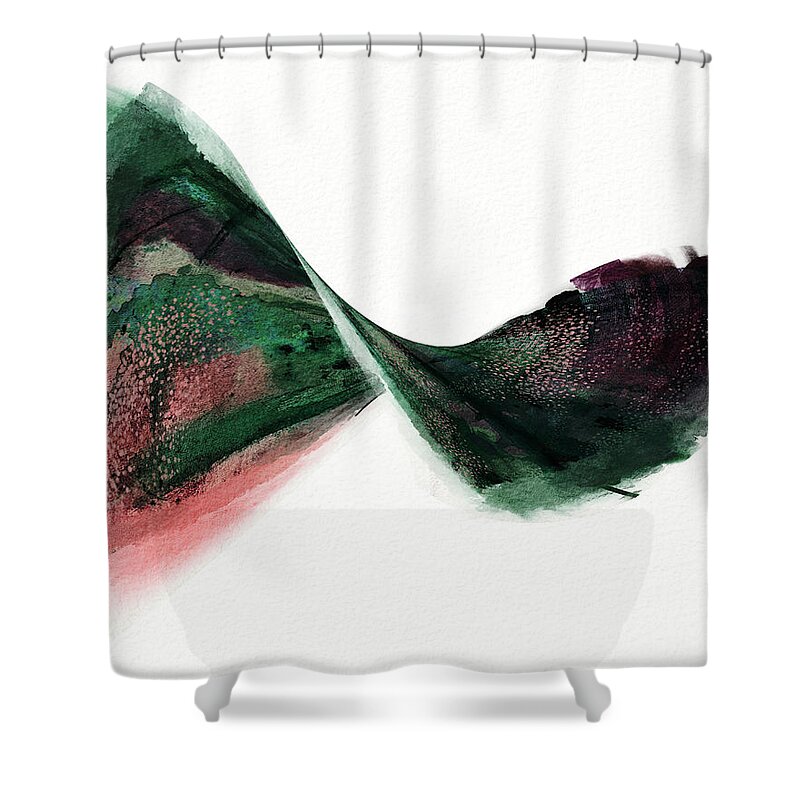 Green Shower Curtain featuring the painting Flip, Green and Pink Sculptural Abstract Landscape by Itsonlythemoon