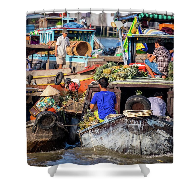 Cai Rang Shower Curtain featuring the photograph Floating Market Scene by Arj Munoz