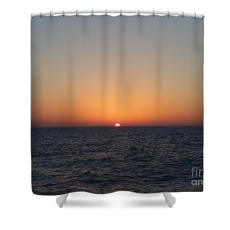 #gulfofmexico #underway #highseas #evening #dusk #sunset #blueskies #bluesky #peachskies #peachsky #peaceful #calm #clearskies #sprucewoodstudios Shower Curtain featuring the photograph Floating Sun by Charles Vice