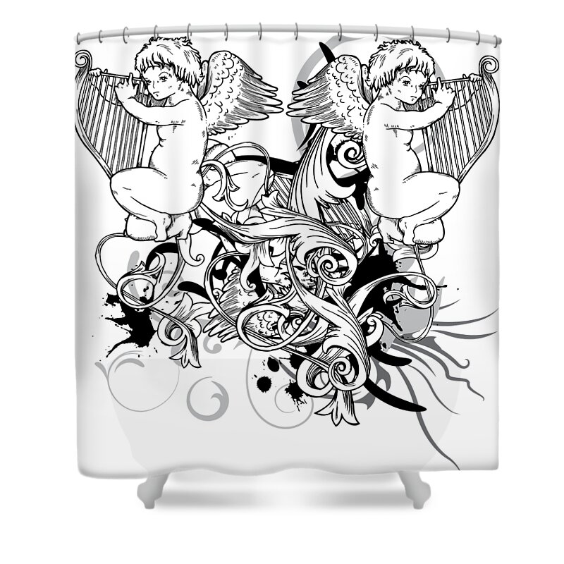 Halloween Shower Curtain featuring the digital art Floral Harp Angels by Jacob Zelazny