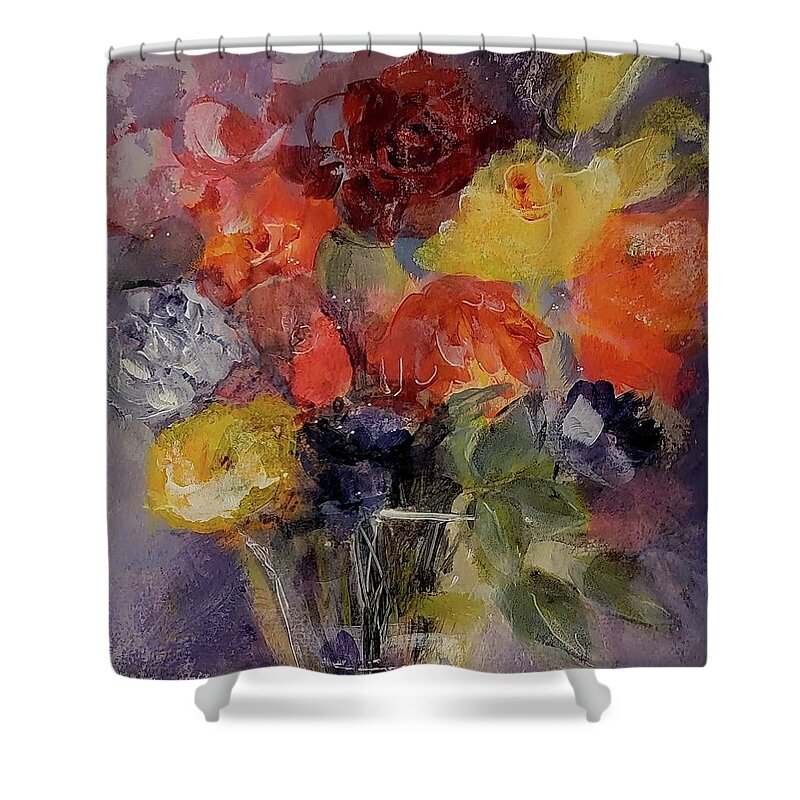 Smokey Shower Curtain featuring the painting Floral Of Red and Yellow on Smokey Plum by Lisa Kaiser