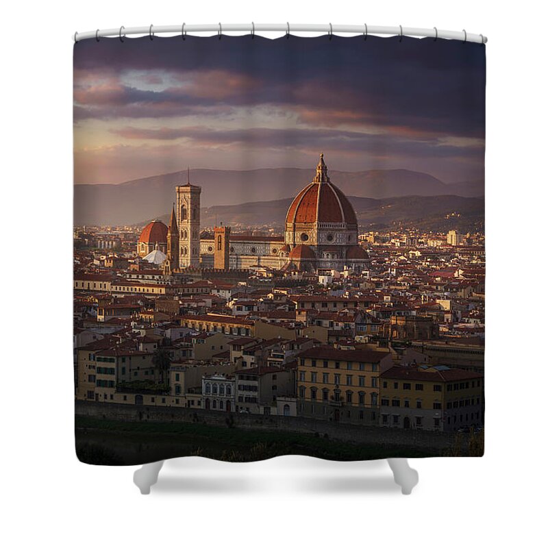 Florence Shower Curtain featuring the photograph Florence Duomo cathedral. Sunset view. Italy by Stefano Orazzini