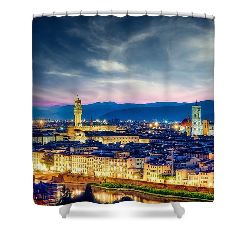Florence Shower Curtain featuring the photograph Florence - Sunrise view of Duomo and Giotto's bell tower, Santa croce and palazzo signoria by Stefano Senise