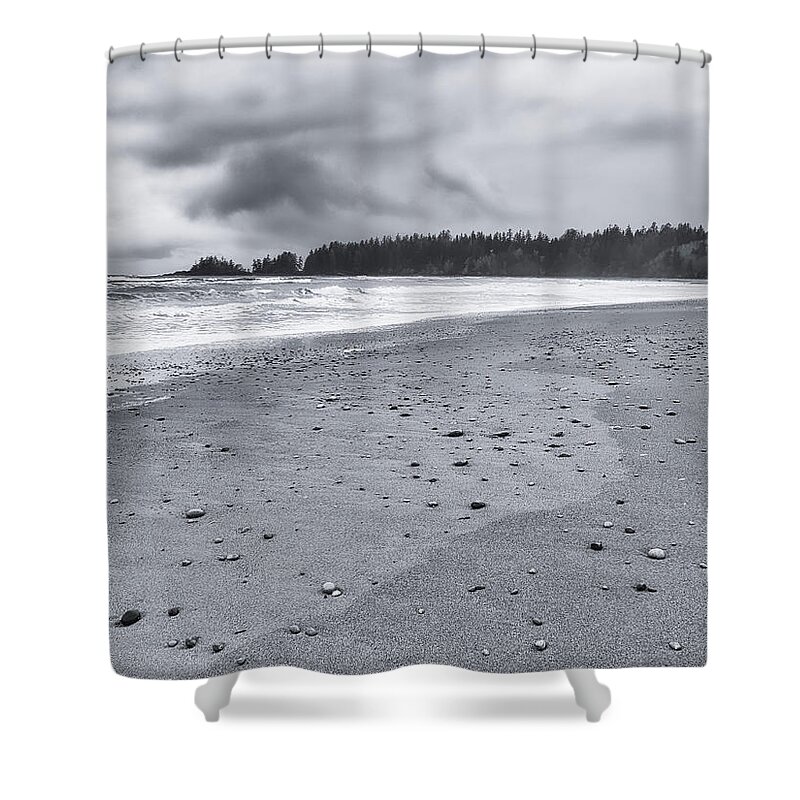 Landscape Shower Curtain featuring the photograph Florencia Bay Beach Stones by Allan Van Gasbeck