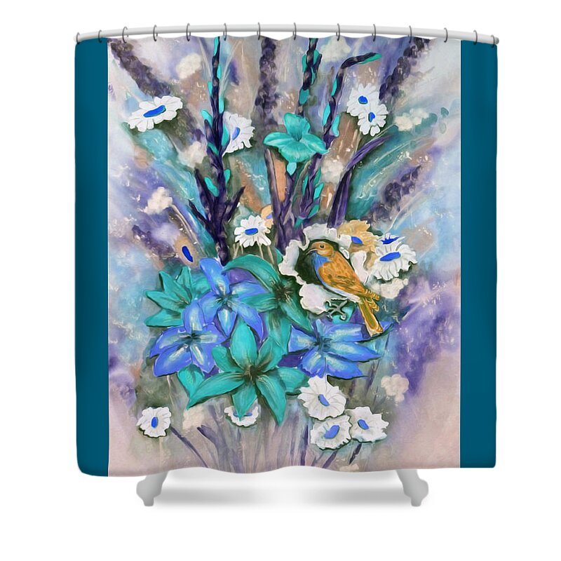 Flowers Shower Curtain featuring the mixed media Flower Bouquet n' Bird by Kelly Mills