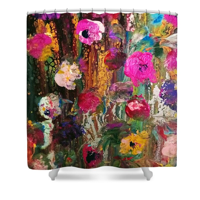 Flowers Fusion Pink Shower Curtain featuring the painting Flower Fusion by Anna Adams