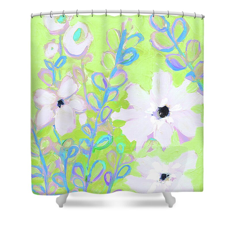 Flowers And Foliage Shower Curtain featuring the painting Flowers and Foliage, Abstract Flowers, White and Lime Green by Patricia Awapara