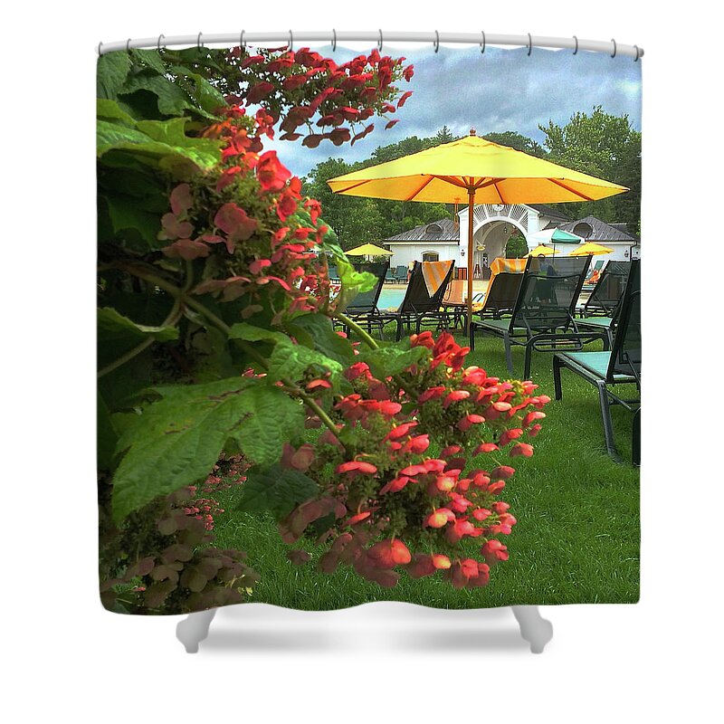 Umbrella Shower Curtain featuring the painting Flowers and Shade by Dorsey Northrup