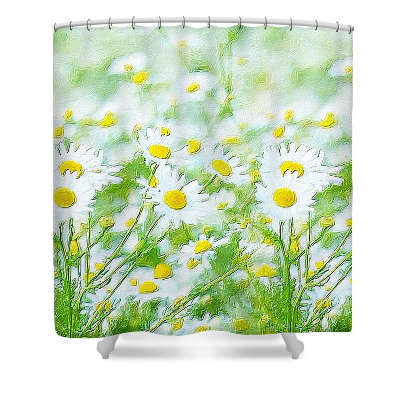 Daisy Shower Curtain featuring the painting Flowers In Field Floral Landscape Detail Green by Tony Rubino