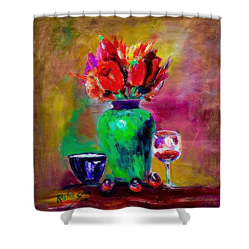 Flowers Shower Curtain featuring the painting Flowers in vase by Khalid Saeed