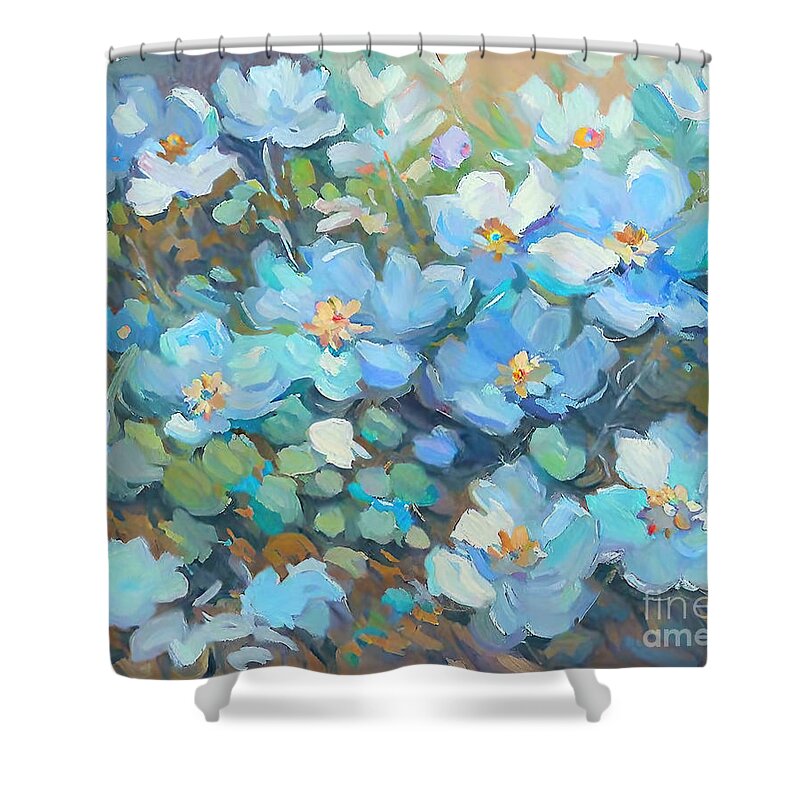 Blue Shower Curtain featuring the painting Flowers Painting blue summer summertime violet yellow expression by N Akkash